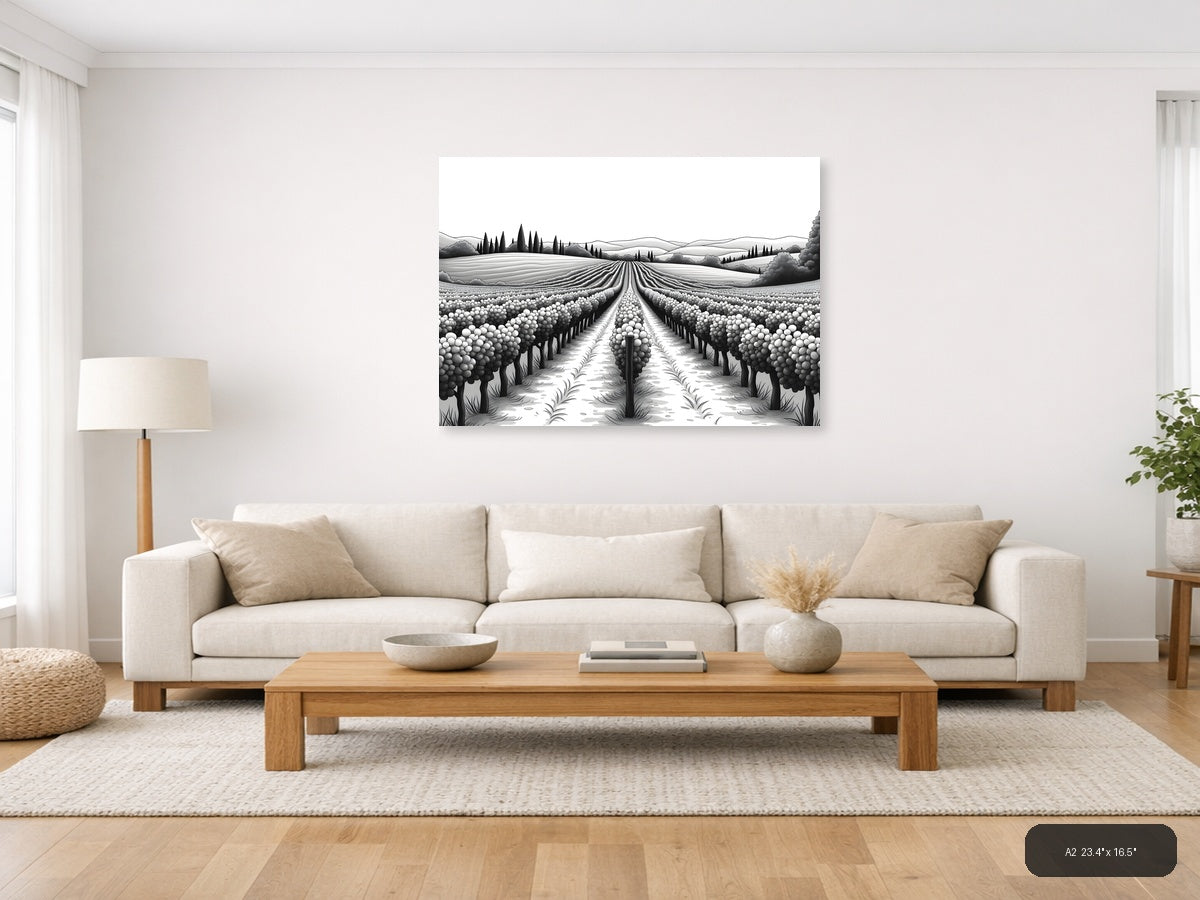 Tuscan Vineyard Landscape Line Art Wall Art — A2 / Living Room