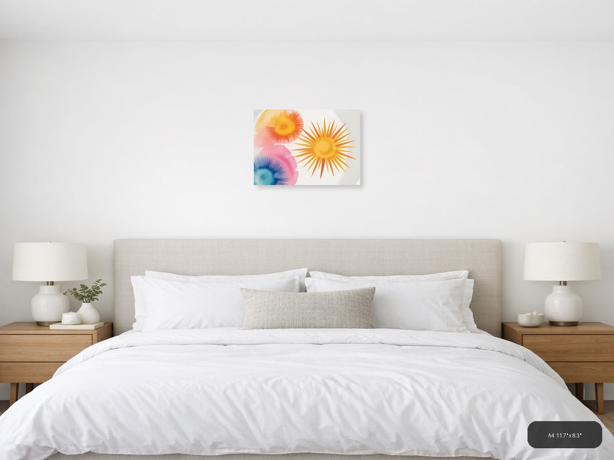 Watercolor Sunburst Flowers Abstract Wall Art — A4 / Bedroom