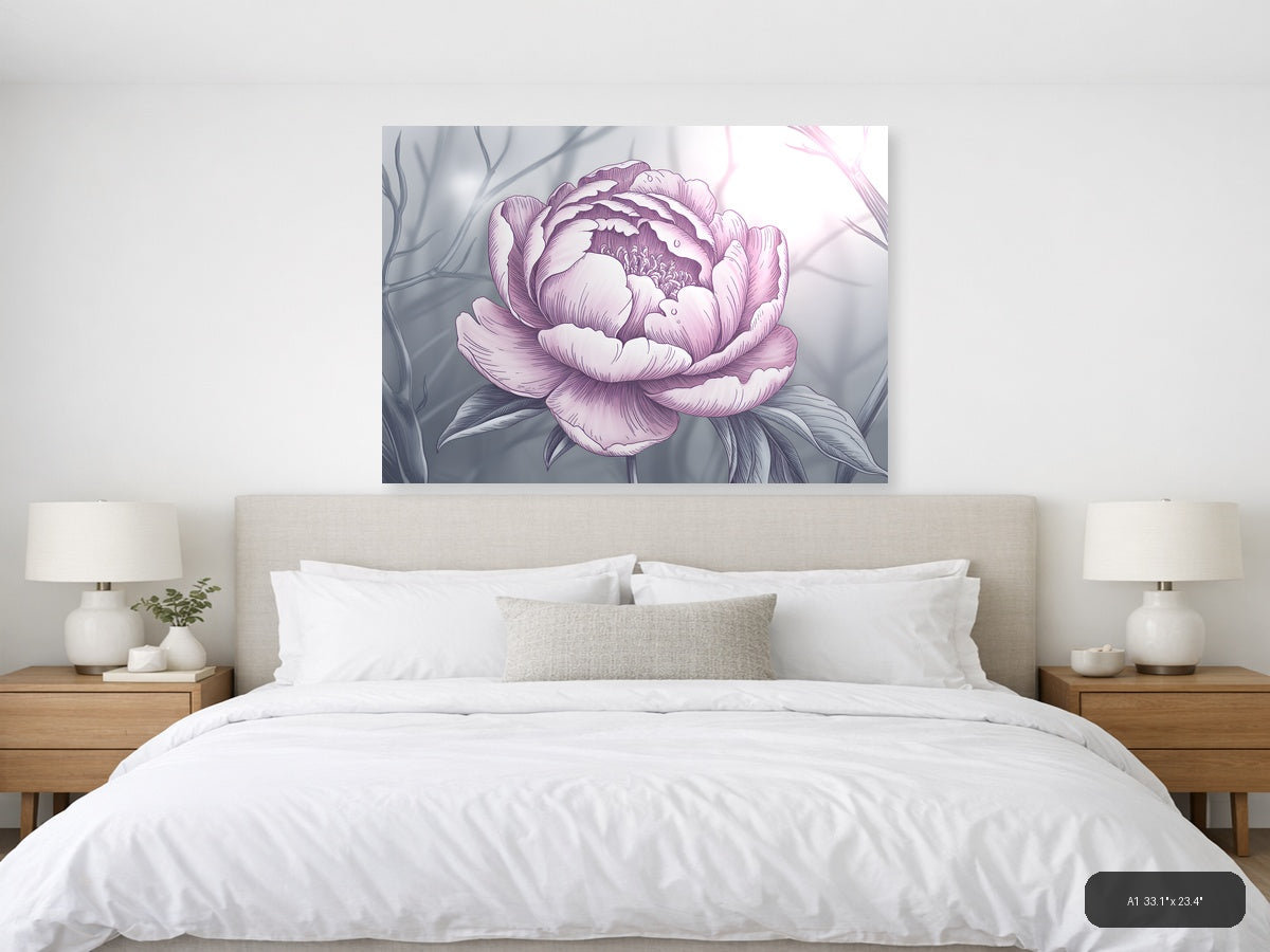 Pink Peony Line Art Illustration Wall Art — A1 / Bedroom