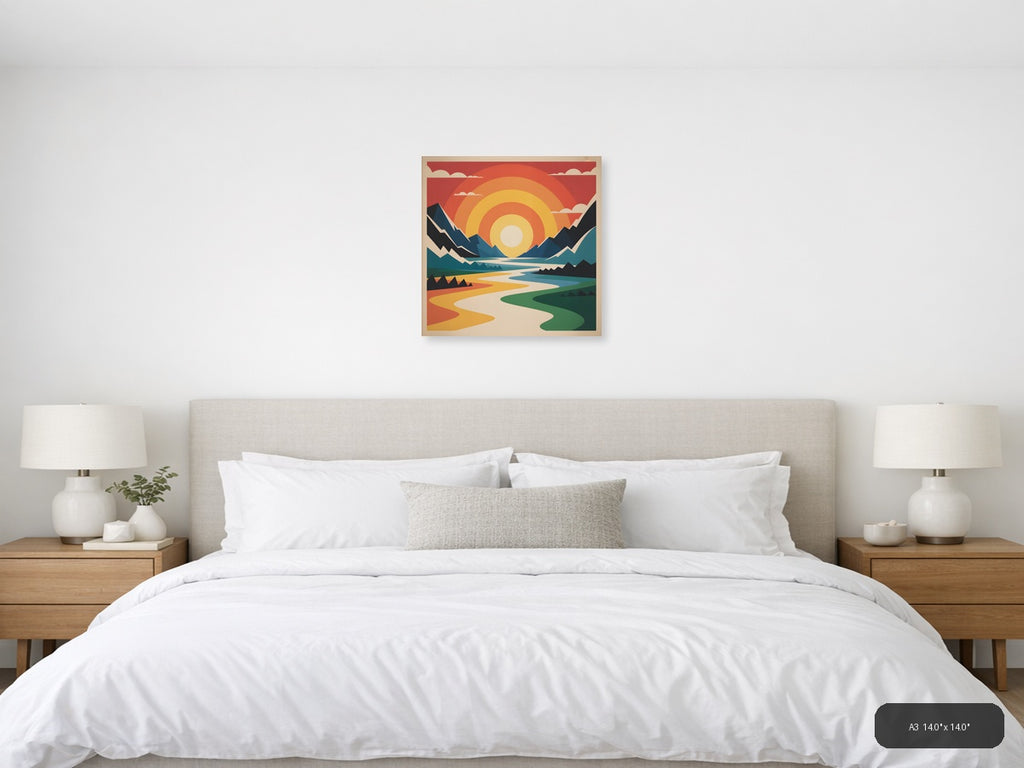 Vintage Sunset Mountain River Landscape Wall Art — A3 / Bedroom