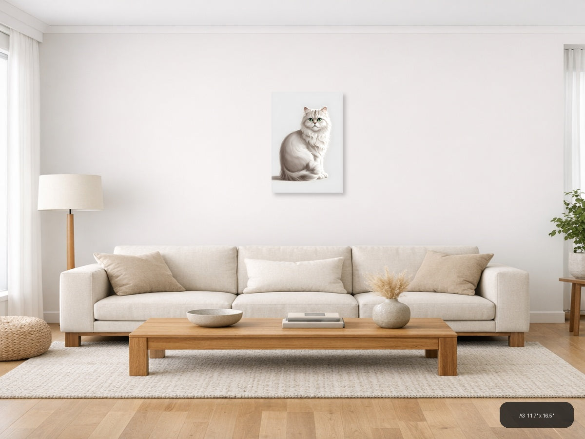 White Fluffy Cat with Green Eyes Minimalist Wall Art — A3 / Living Room