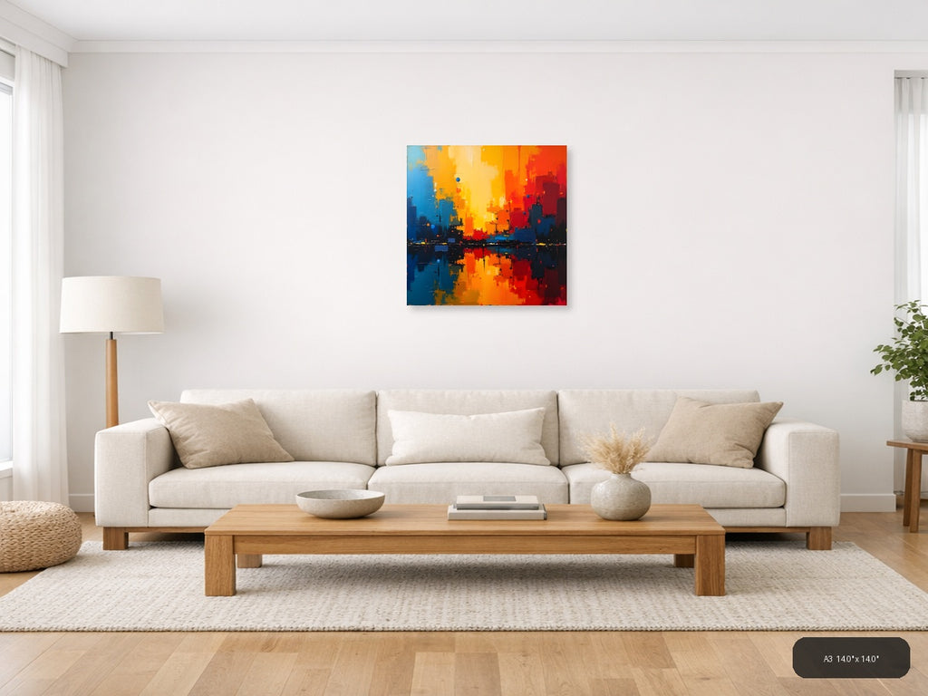 Abstract Cityscape Sunset Reflection Orange Blue Wall Art — A3 / Living Room