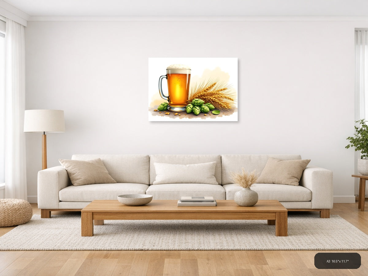 Beer, Hops & Barley Watercolor Illustration Wall Art — A3 / Living Room