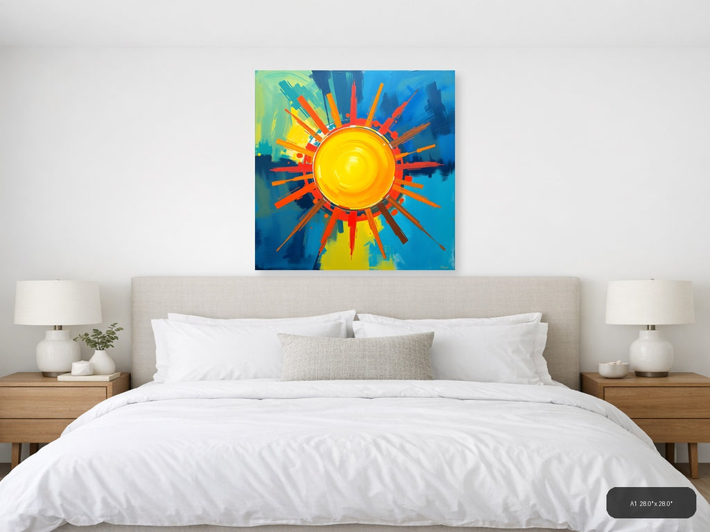 Abstract Sun Burst Modern Art | Vibrant Yellow Blue Wall Art — A1 / Bedroom
