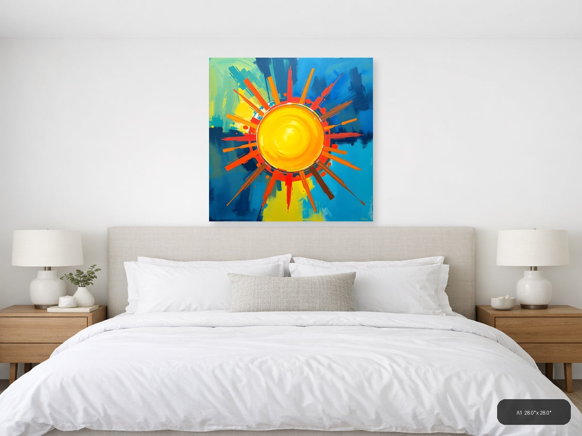 Abstract Sun Burst Modern Art | Vibrant Yellow Blue Wall Art — A1 / Bedroom