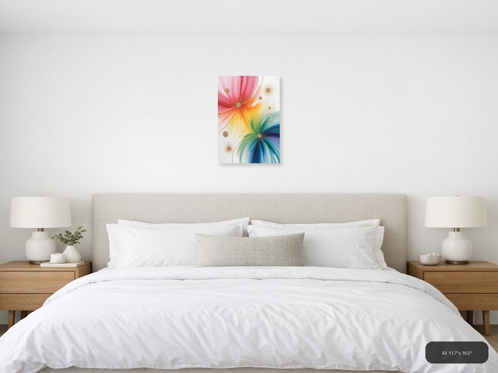Rainbow Watercolor Sunburst with Gold Accents Wall Art — A3 / Bedroom