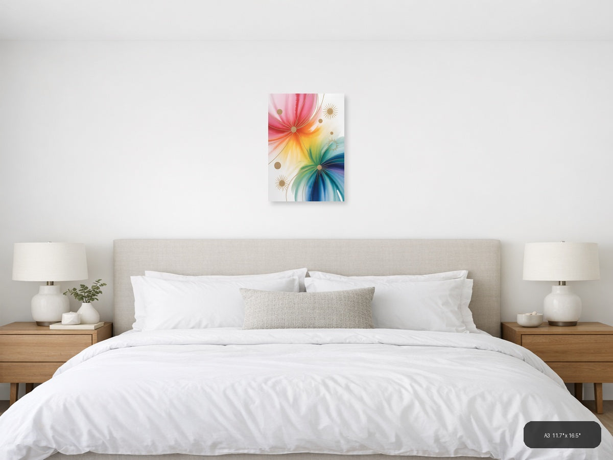 Rainbow Watercolor Sunburst with Gold Accents Wall Art — A3 / Bedroom