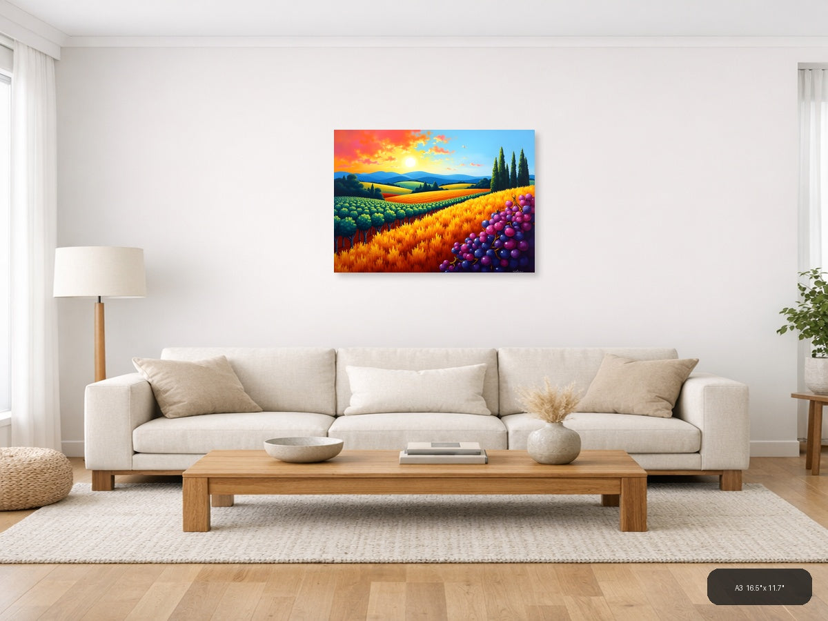 Tuscany Vineyard Sunset Abstract Landscape Wall Art — A3 / Living Room