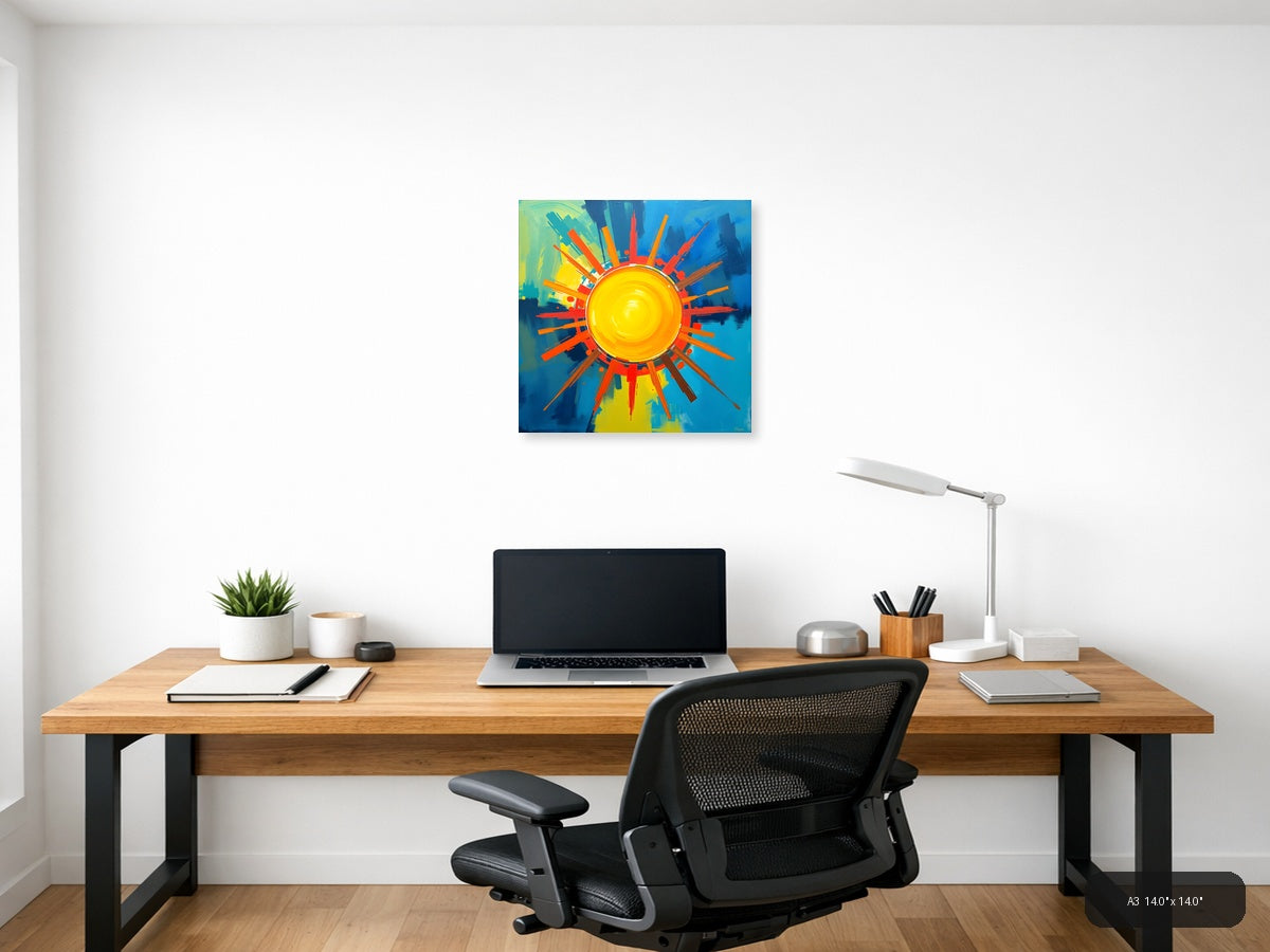 Abstract Sun Burst Modern Art | Vibrant Yellow Blue Wall Art — A3 / Office