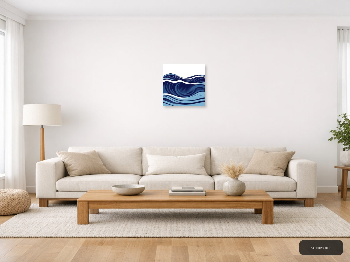 Abstract Ocean Waves Minimalist Blue Wall Art — A4 / Living Room