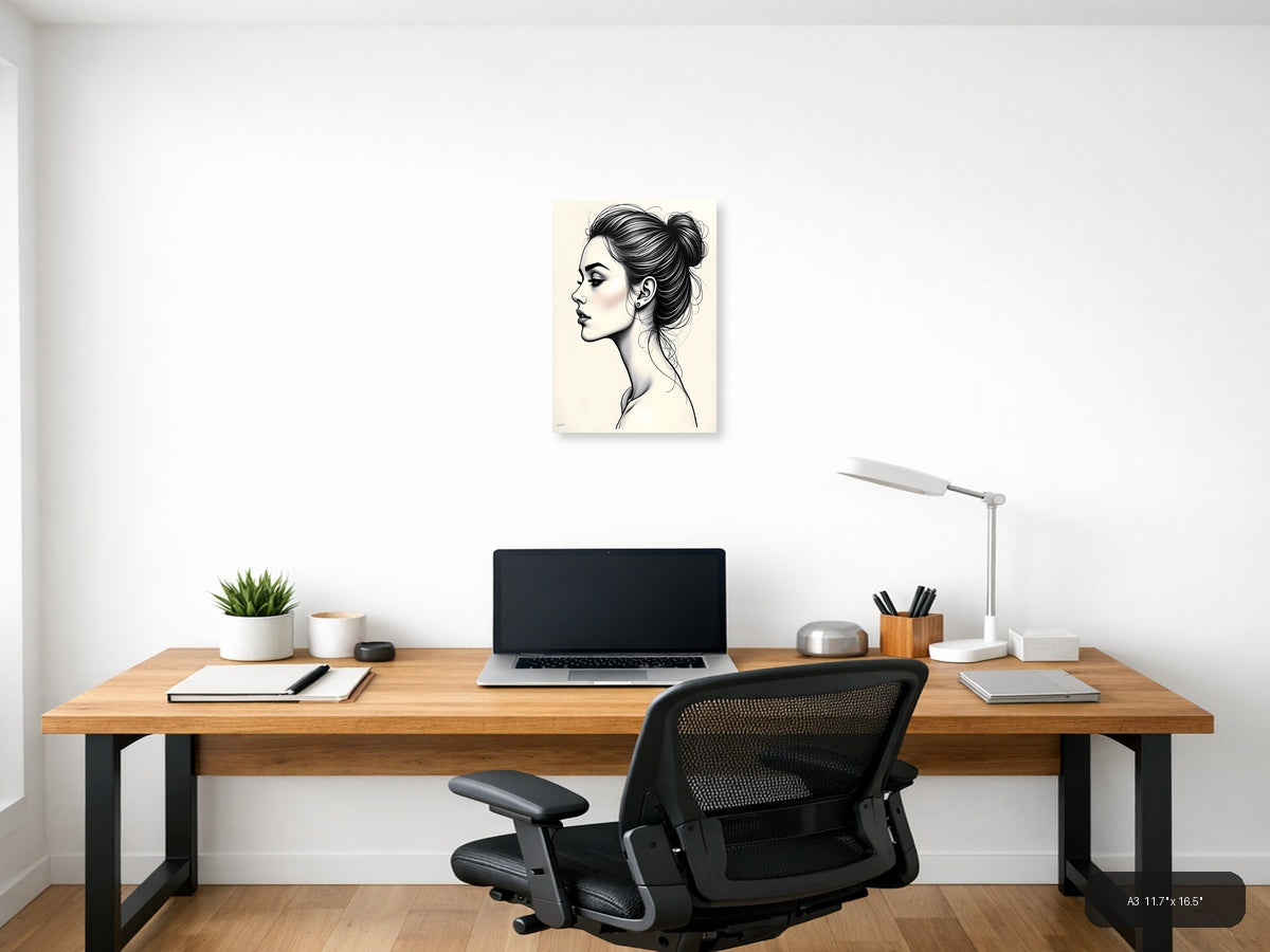 Profile Portrait Line Art Woman with Bun Hairstyle Wall Art — A3 / Office