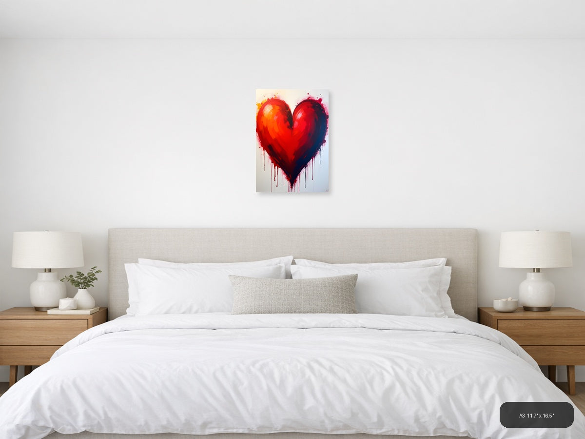 Abstract Red Heart with Dripping Paint Wall Art — A3 / Bedroom