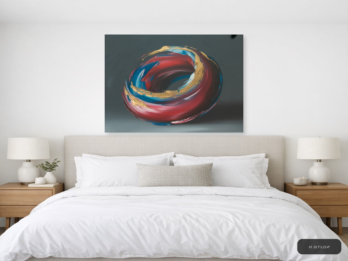 Red Blue Gold Abstract Swirl Circle Modern Wall Art — A1 / Bedroom