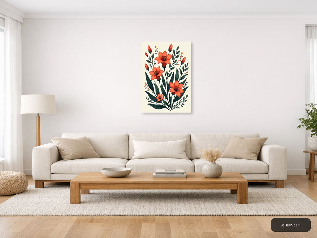 Red Flowers Botanical Illustration Portrait Wall Art — A2 / Living Room