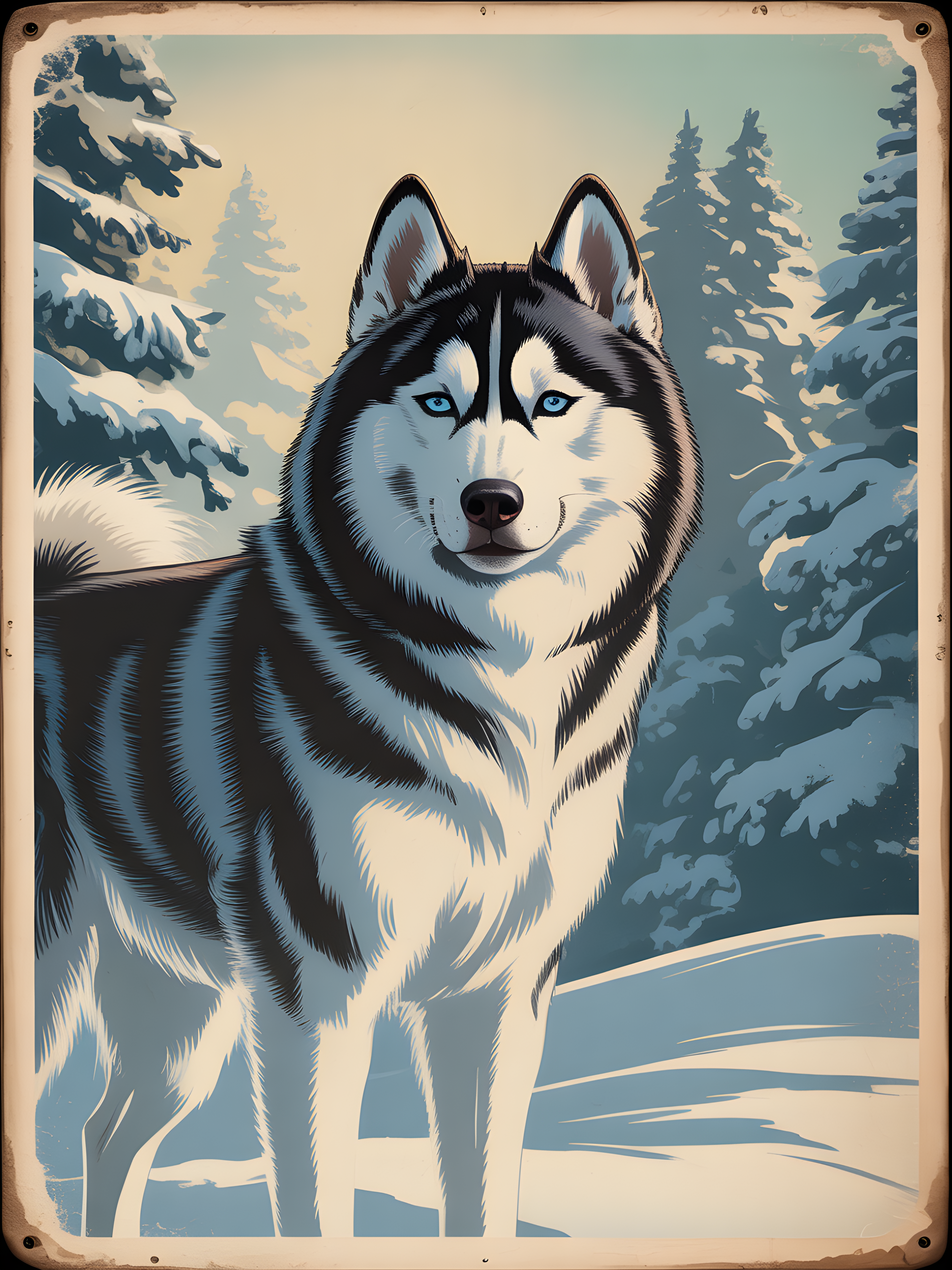 Siberian Husky Winter Portrait Vintage Wall Art