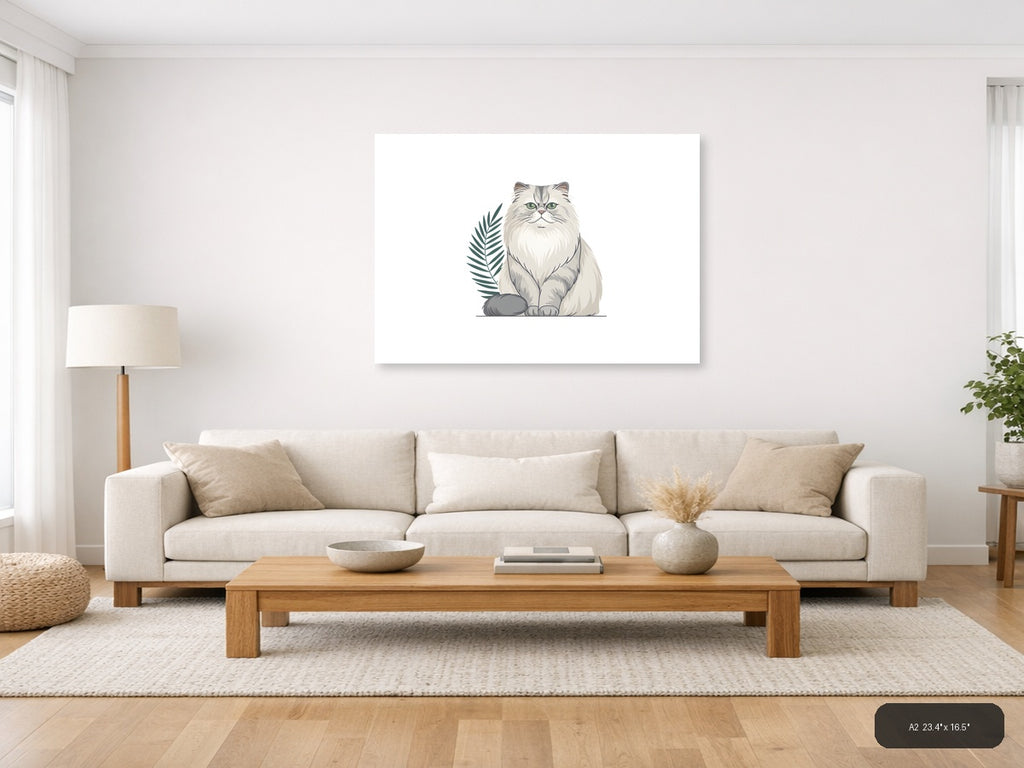 Fluffy White Cat with Plant Minimalist Wall Art — A2 / Living Room