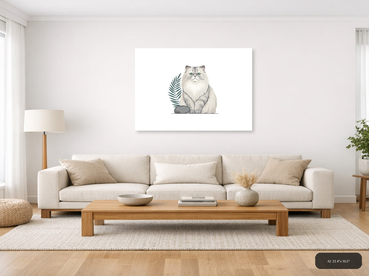 Fluffy White Cat with Plant Minimalist Wall Art — A2 / Living Room