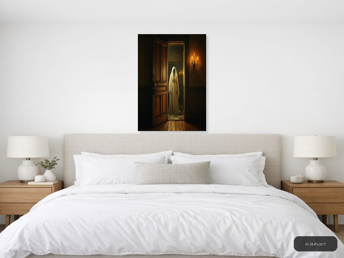 Ghostly Figure in Candlelit Hallway Vintage Wall Art — A1 / Bedroom