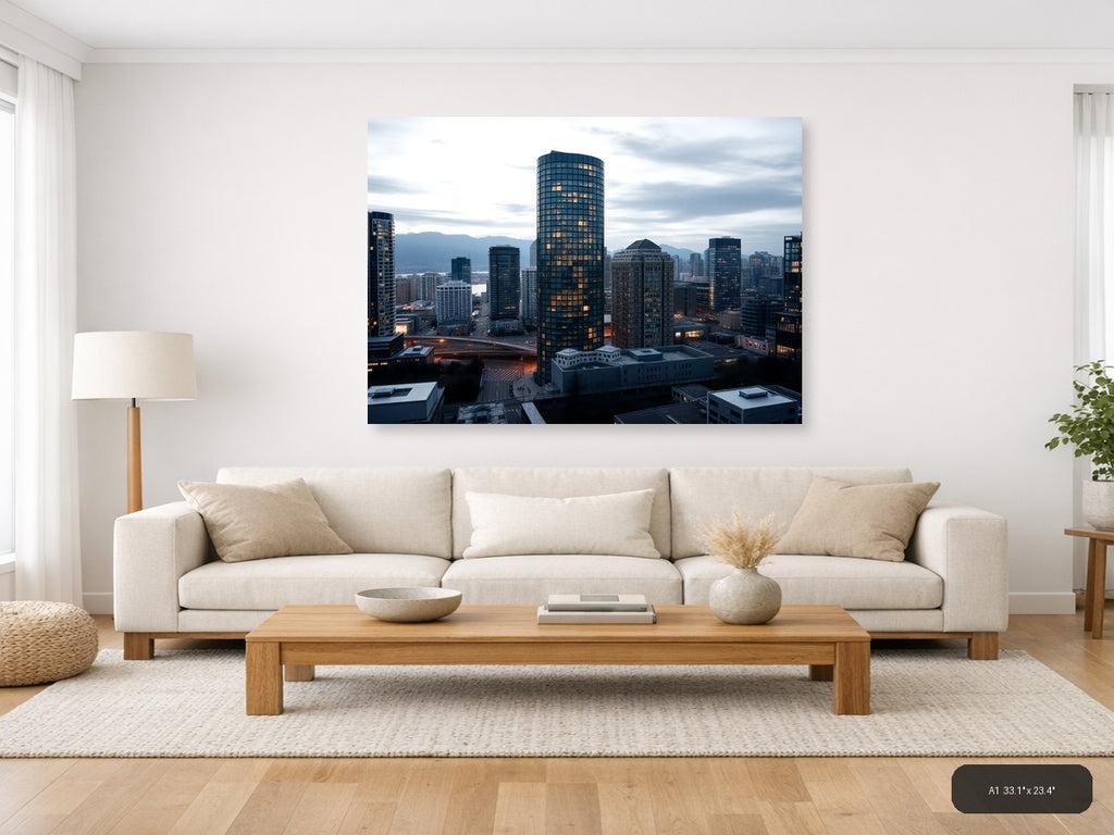 Urban Skyline at Dusk with Glowing Windows | Modern City Wall Art — A1 (Living Room)