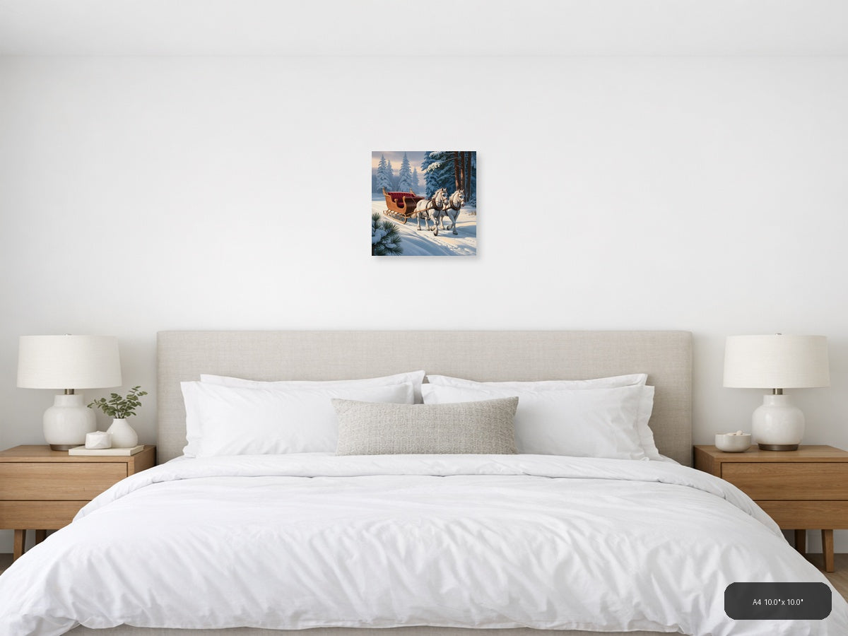 Vintage Winter Sleigh with White Horses Wall Art — A4 / Bedroom