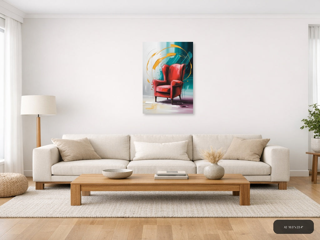 Red Chair Abstract Motion Teal Orange Wall Art — A2 / Living Room