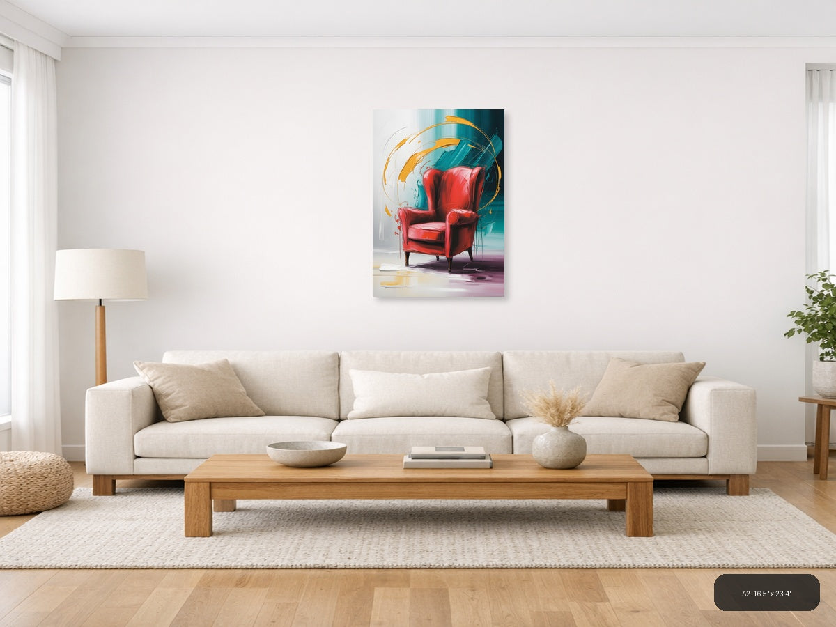 Red Chair Abstract Motion Teal Orange Wall Art — A2 / Living Room