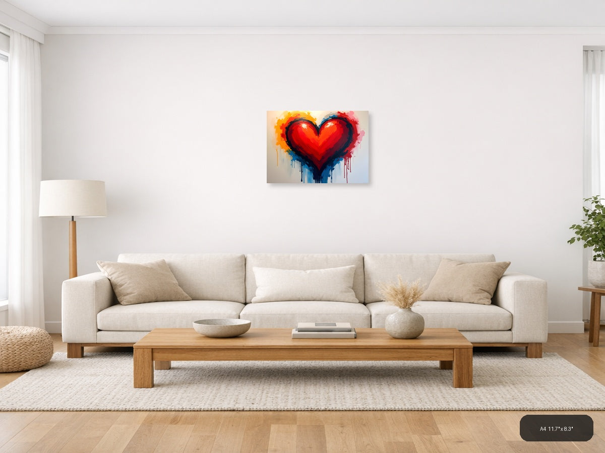 Abstract Red Heart with Colorful Drip Abstract Wall Art — A4 / Living Room