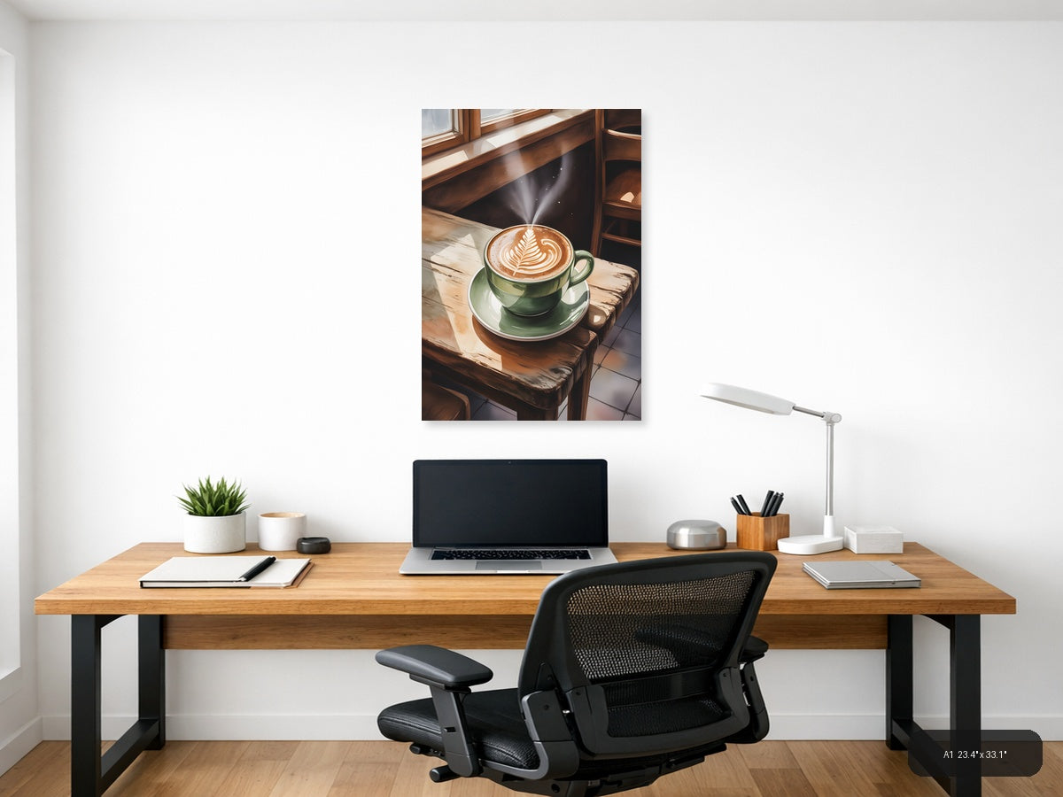 Green Coffee Cup Latte Art Watercolor Wall Art — A1 / Office