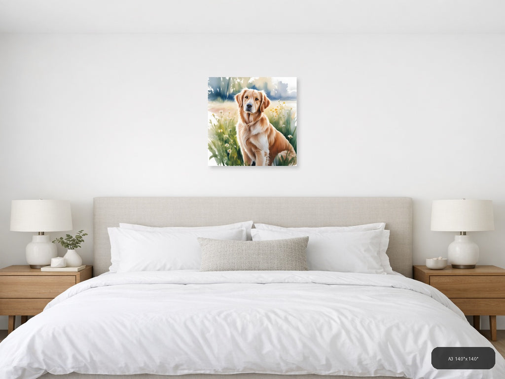 Golden Retriever in Wildflowers Watercolor Wall Art — A3 / Bedroom