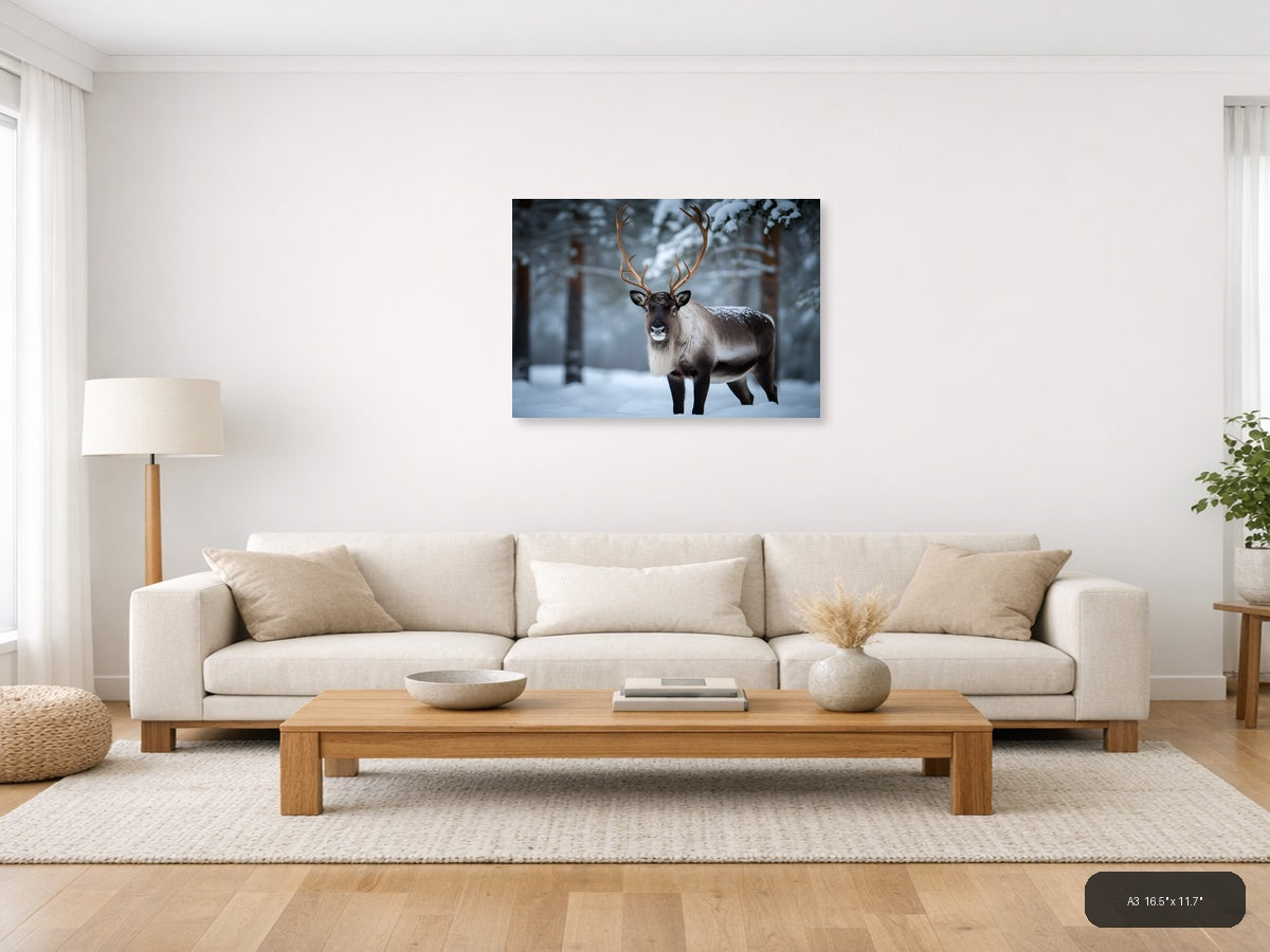 Majestic Reindeer in Snowy Forest Photography Wall Art — A3 / Living Room