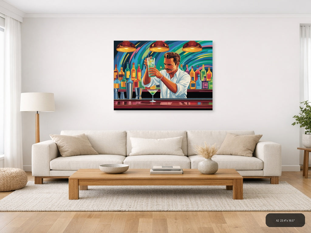 Vibrant Bartender Portrait Abstract Colorful Wall Art — A2 / Living Room
