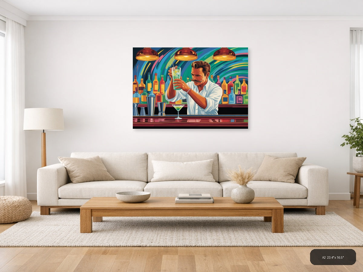 Vibrant Bartender Portrait Abstract Colorful Wall Art — A2 / Living Room