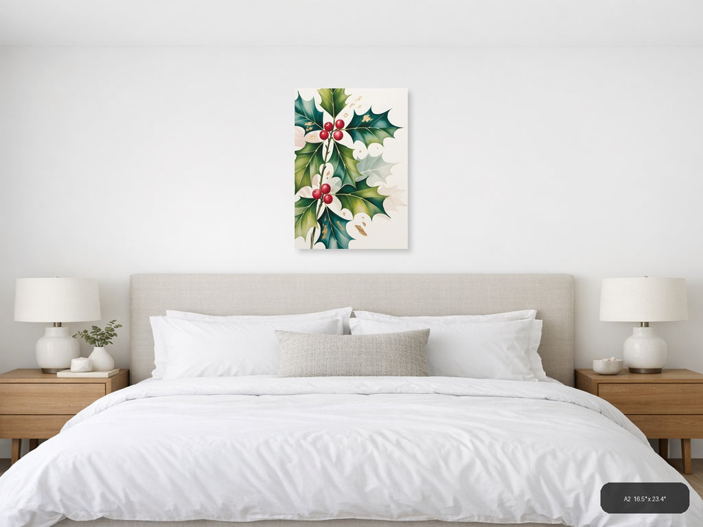 Holly Berries & Flowers Watercolor Portrait Wall Art — A2 / Bedroom