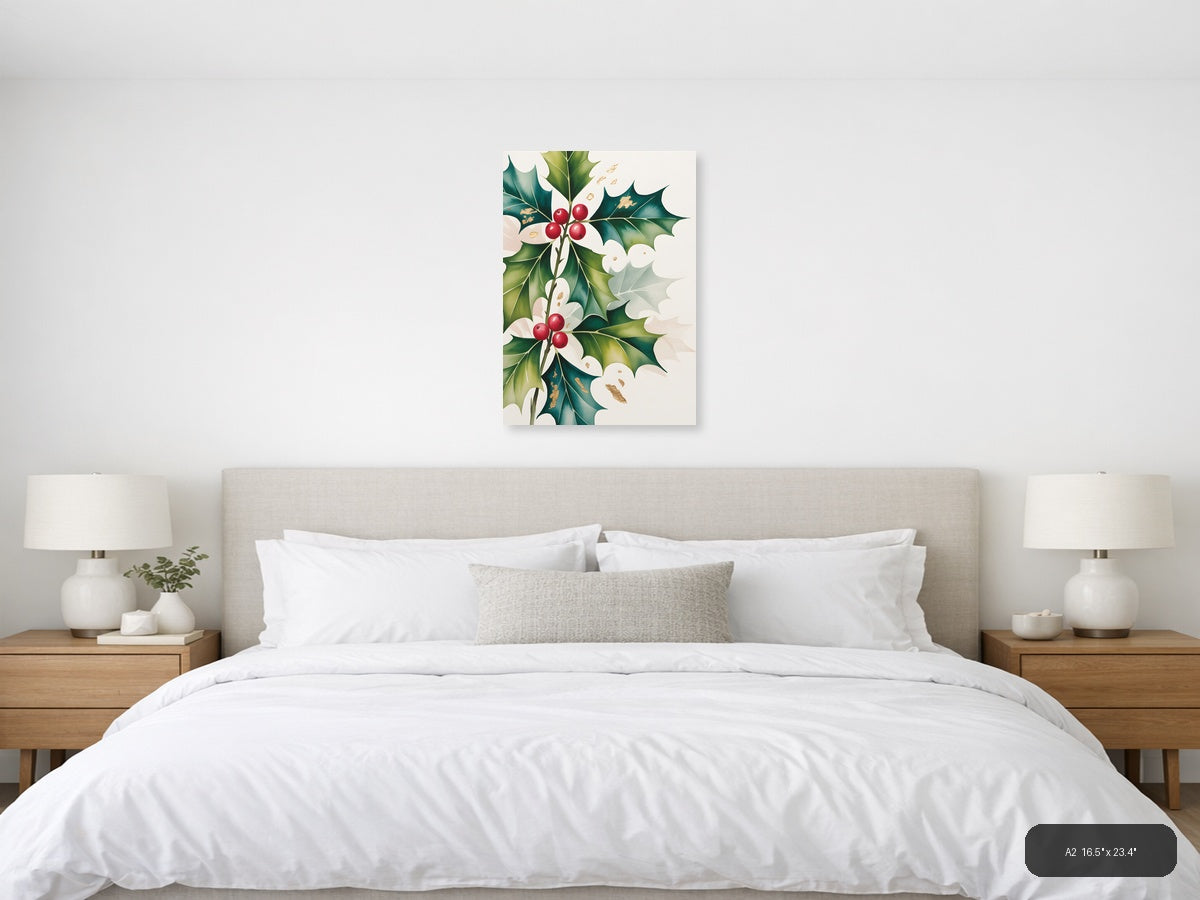 Holly Berries & Flowers Watercolor Portrait Wall Art — A2 / Bedroom