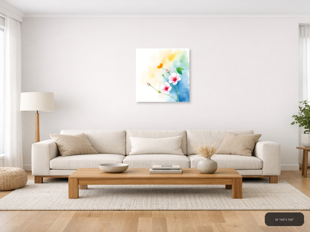 Watercolor Pink & Yellow Flowers on Blue Wall Art — A3 / Living Room