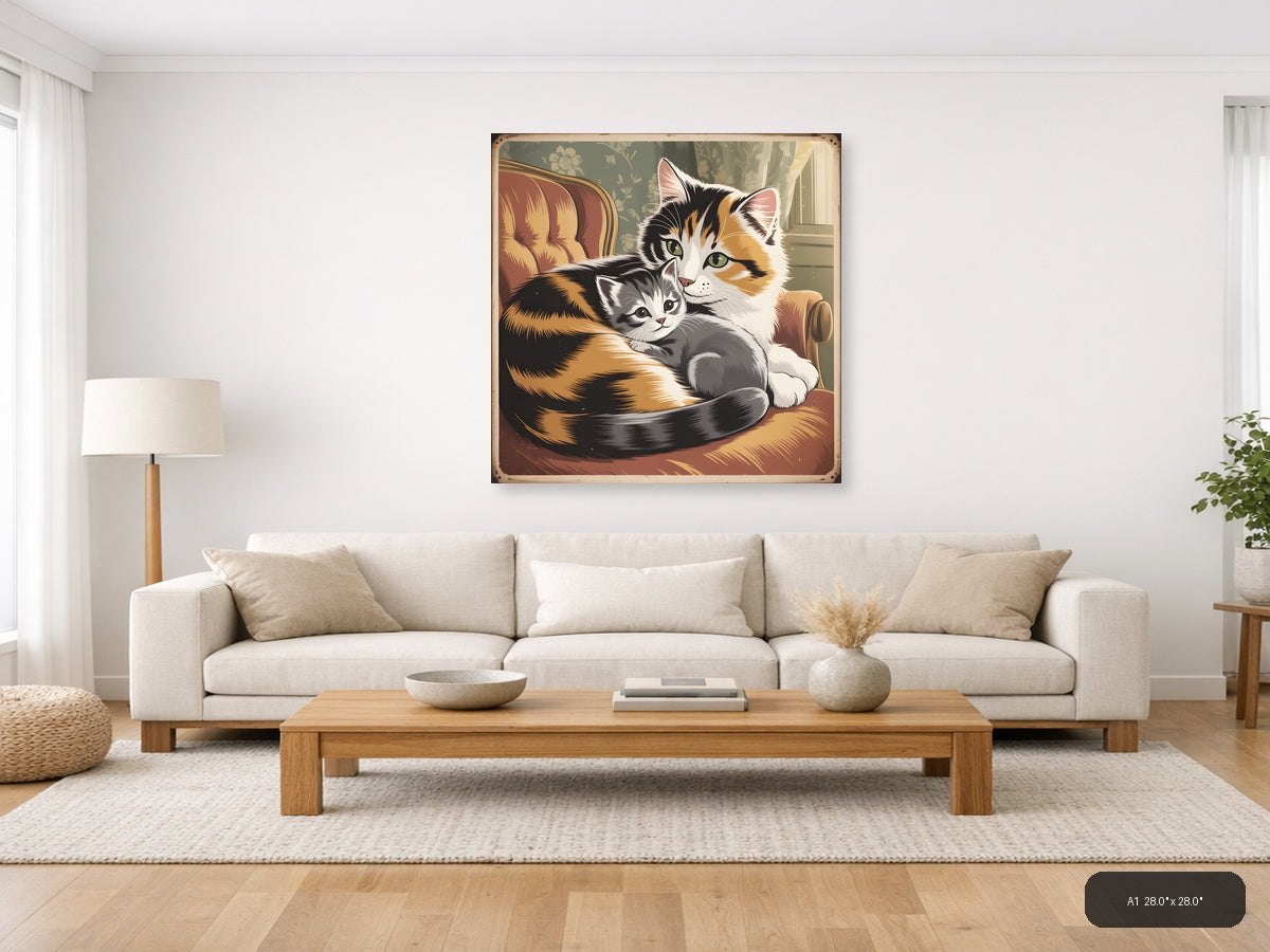 Calico Mother Cat with Kitten Vintage Wall Art — A1 / Living Room