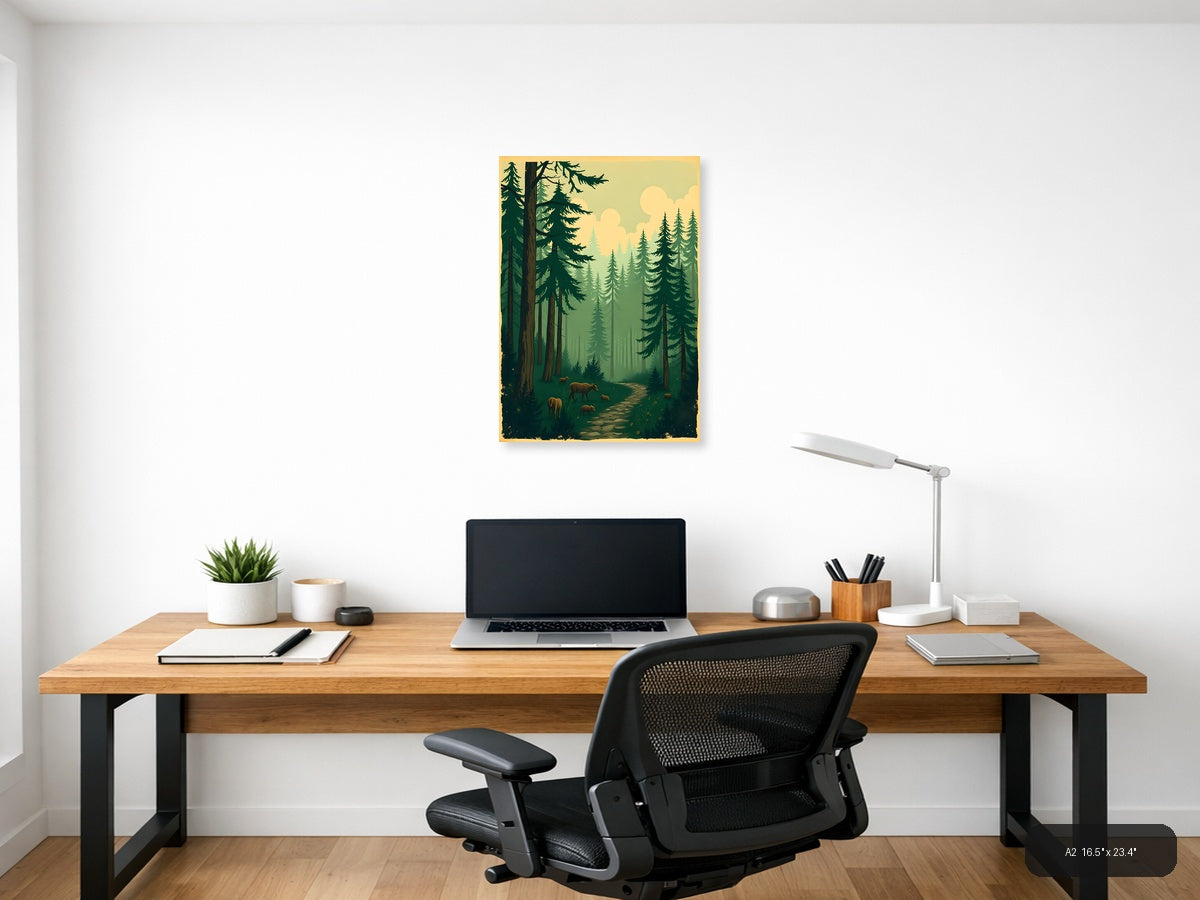 Vintage Forest Path with Deer - Evergreen Trees Wall Art — A2 / Office