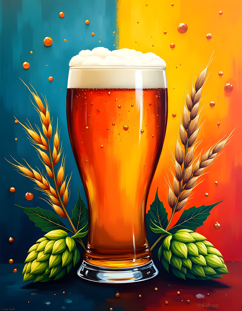 Beer Glass with Hops and Wheat Abstract Wall Art