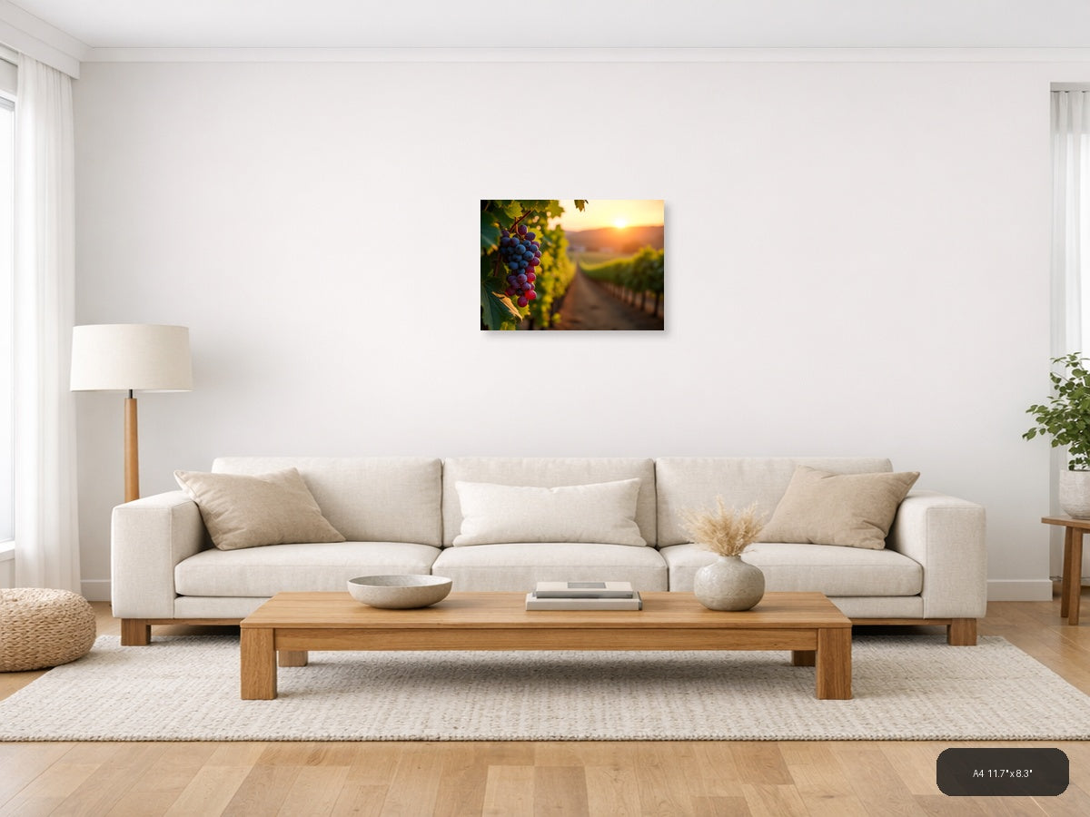 Vineyard Sunset with Purple Grapes Photography Wall Art — A4 / Living Room