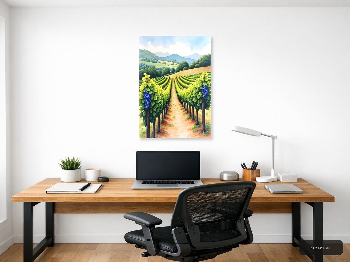 Vineyard Landscape Watercolor Wine Country Wall Art — A1 / Office