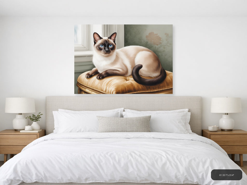 Siamese Cat on Gold Cushion Watercolor Wall Art — A1 / Bedroom