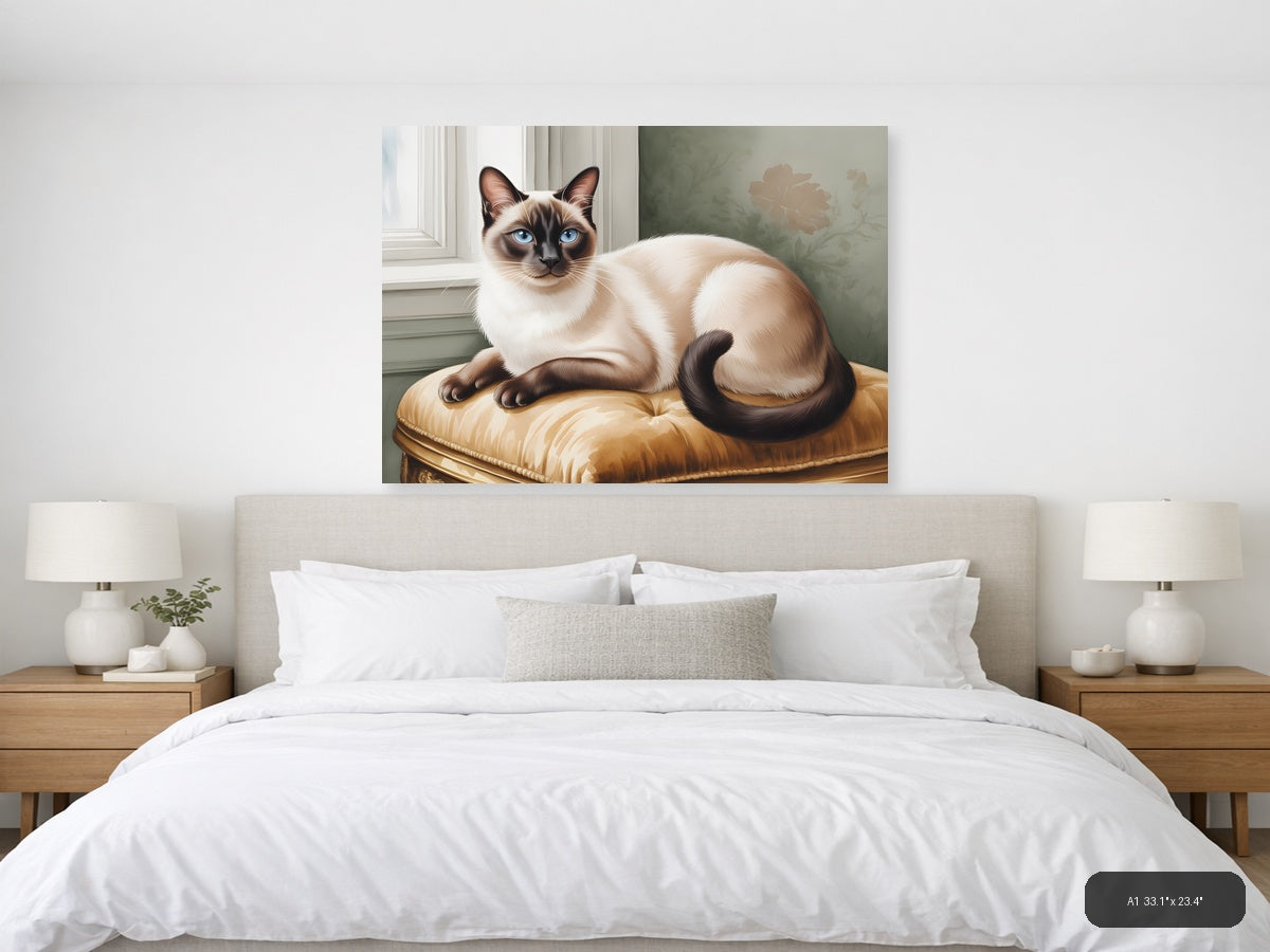Siamese Cat on Gold Cushion Watercolor Wall Art — A1 / Bedroom