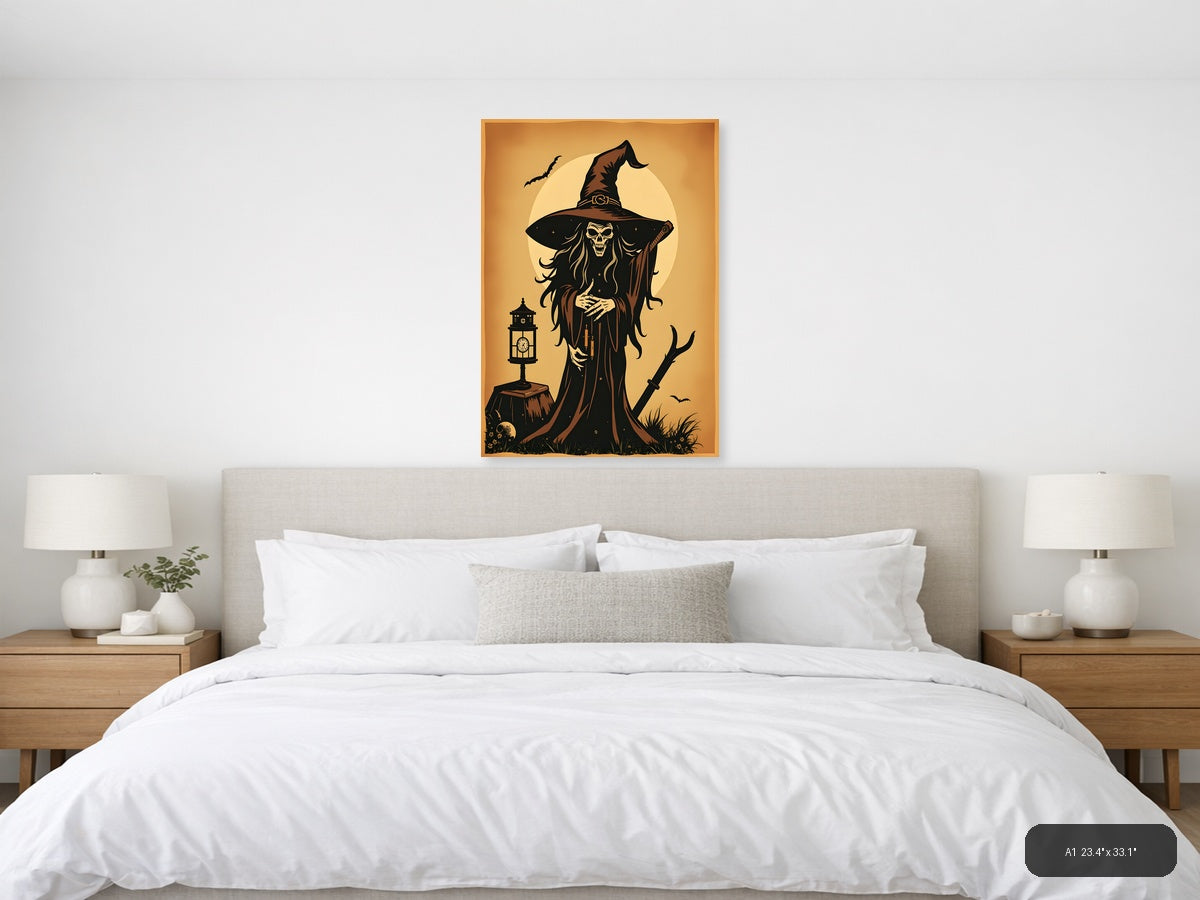 Vintage Skeleton Witch with Hat Moon Wall Art — A1 / Bedroom