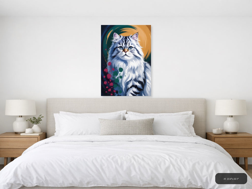 Blue-Eyed White Cat Abstract Portrait Wall Art — A1 / Bedroom