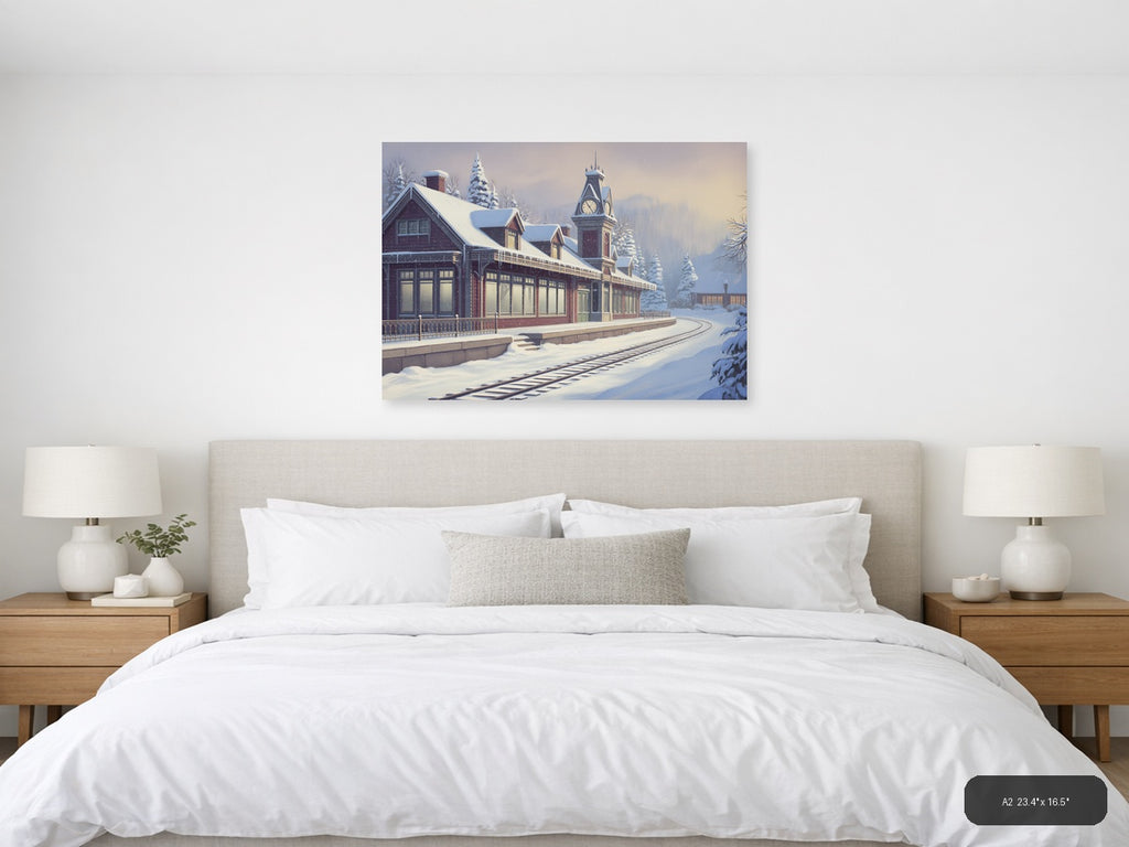 Vintage Snow-Covered Railway Station Clock Tower Wall Art — A2 / Bedroom