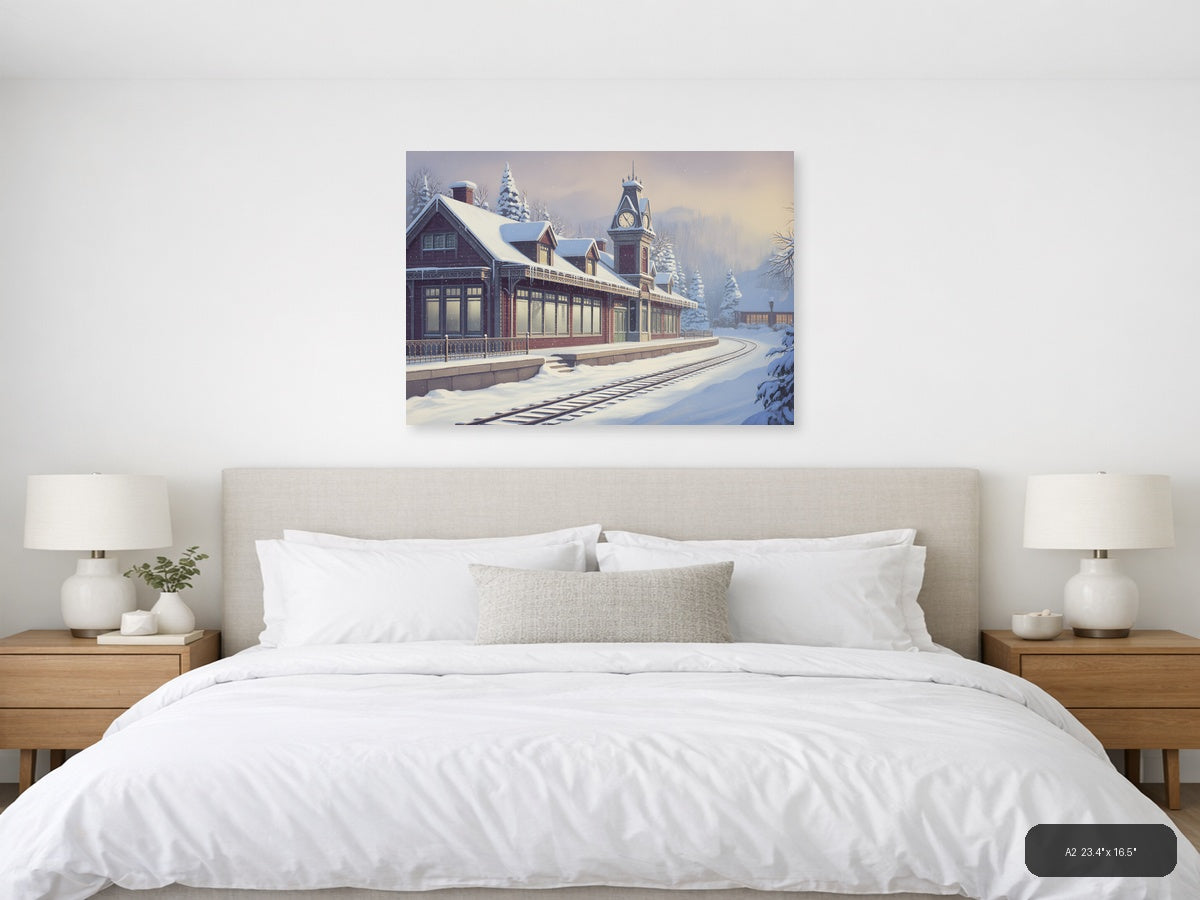 Vintage Snow-Covered Railway Station Clock Tower Wall Art — A2 / Bedroom