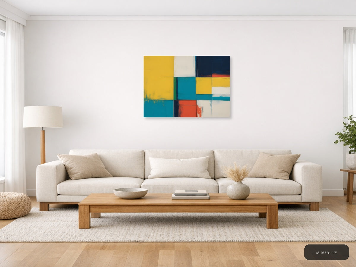 Colorful Geometric Blocks Abstract Canvas Wall Art — A3 / Living Room