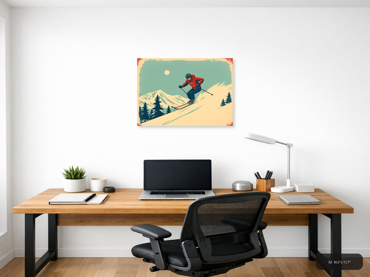 Vintage Skier on Mountain Slope Wall Art — A3 / Office