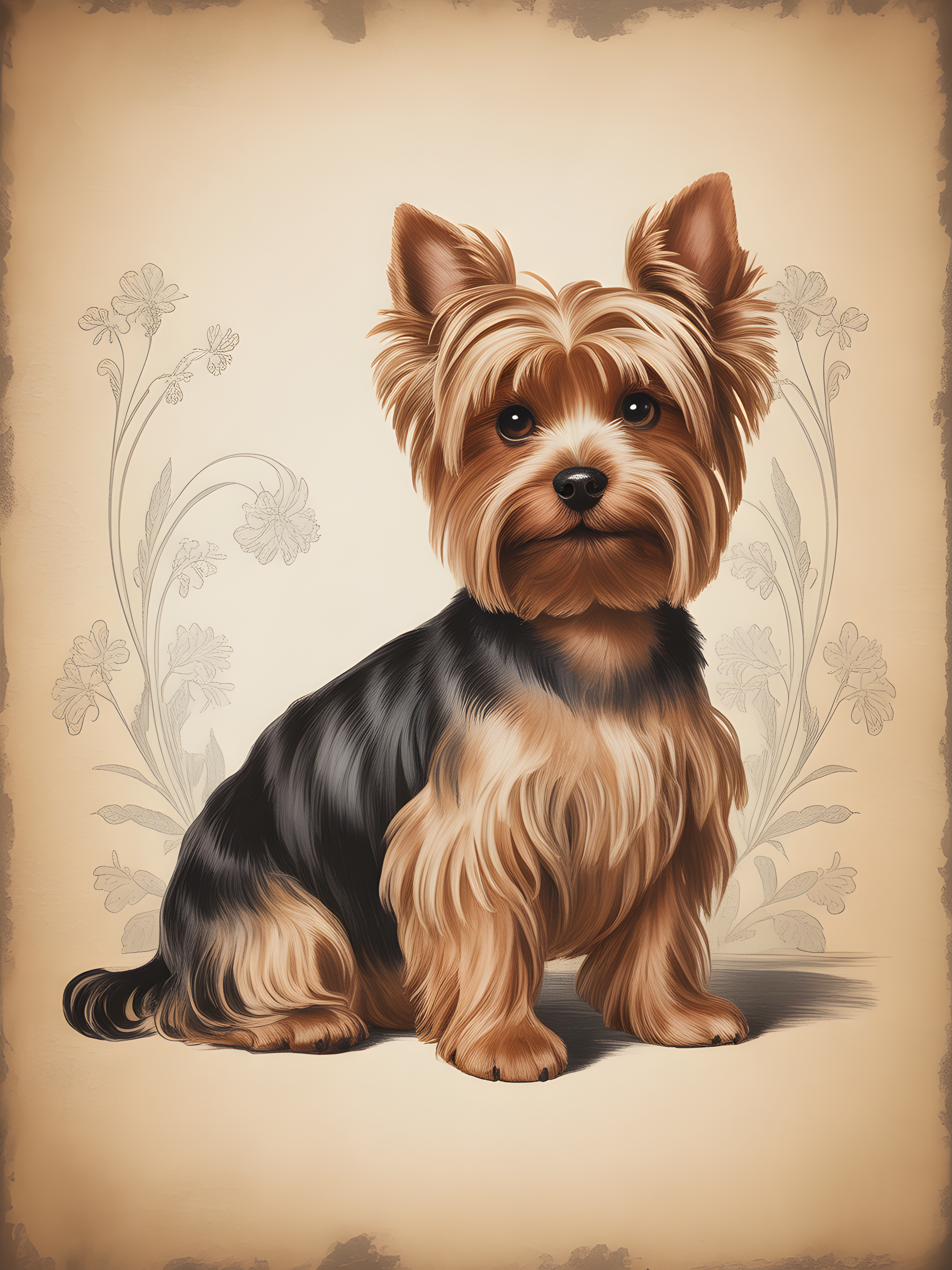 Vintage Yorkie Terrier Portrait with Flowers Wall Art