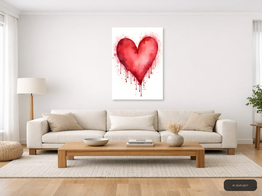 Red Watercolor Heart with Dripping Paint Wall Art — A1 / Living Room